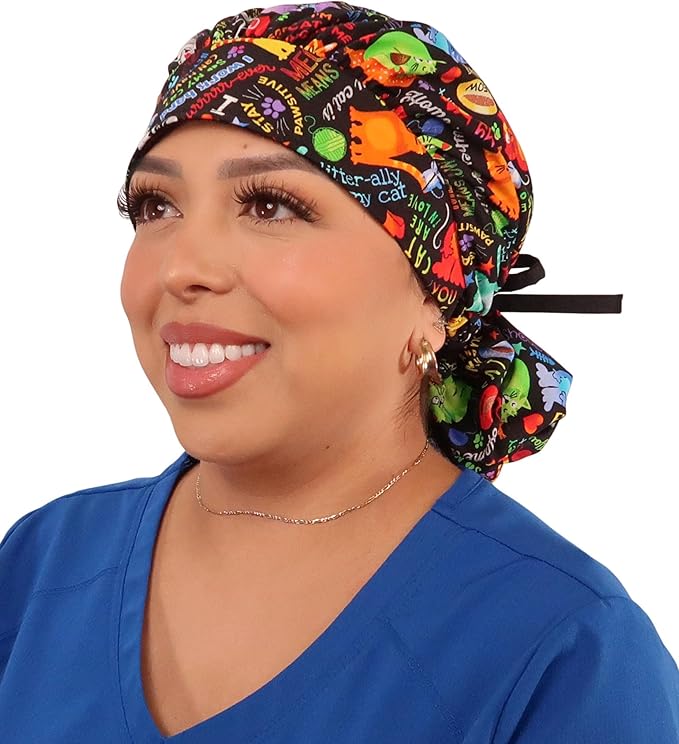 Sparkling EARTH Banded Bouffant Surgical Scrub Ponytail Working Caps and Built-in Sweatband - 100% Cotton - Made in The USA