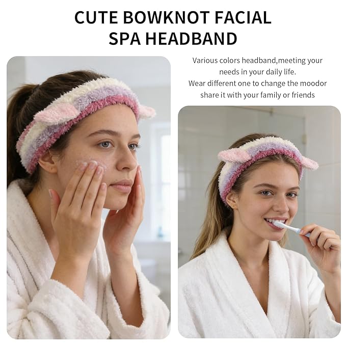 PERFECTSIGHT Kawaii Headband for Spa, Makeup, Washing Face, Party - 2 Pack Cute Hair Band for Shower Beauty Skincare, Soft Facial Headbands for Girls and Women (Contrast Color Ear)