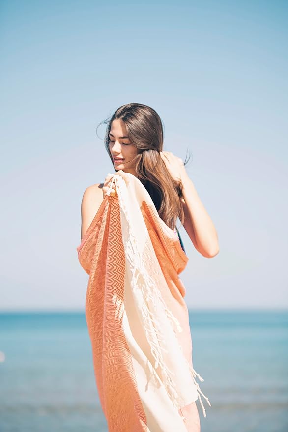Bazaar Anatolia Turkish Beach Towel 100% Cotton Bath Towels 71x39 Quick Dry Sand Free Lightweight Large Oversized Herringbone Orange