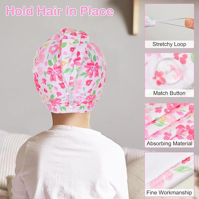 Basumee Microfiber Hair Towel Wrap for Kids 2 Pack Rapid Drying Hair Towel with Button Hair Turbans for Wet Hair Wraps Head Towel Wrap for Women and Girls