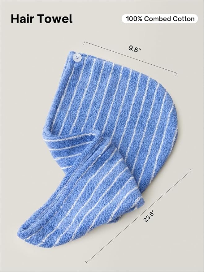 WENSHUO Azure Holiday-Striped Hair Towel Wrap-Drying Tool,100% Combed Cotton,Luxury Hair Dry Towels,Super Absorbent with Button Fasten(Pack of 1)