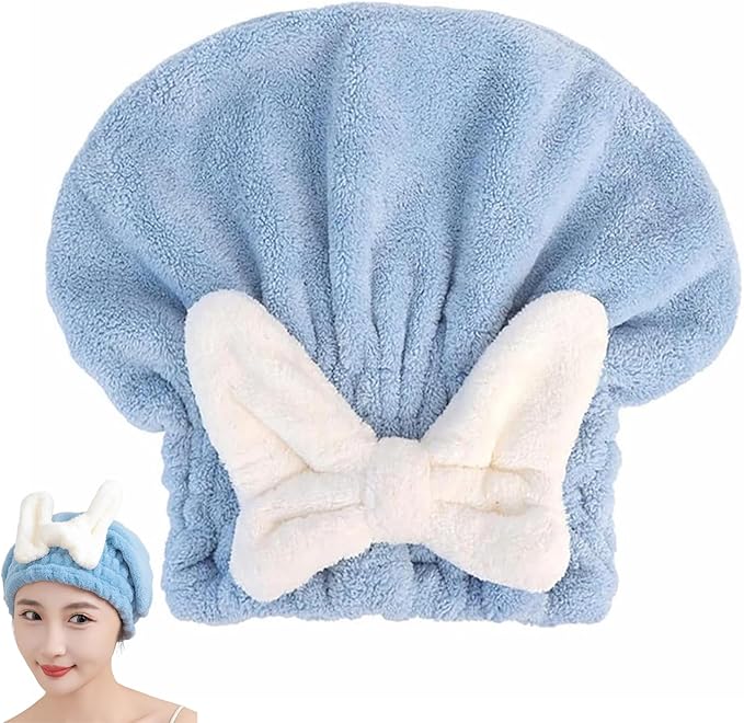 Microfiber Hair Drying Cap,Ultra Absorbent Hair Towel Wrap Turban for Girls Women Soft Quick Dry Hair Towels with Bow Tie Shower Cap for Kids (Blue)