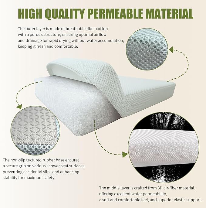 Shower Seat Cushion,Thickened Shower Chair Cushion 4D Air Fiber Material,Machine Washable and Fast Drying Suitable for Shower Seats Bathtub Baths, Poolside Scenes，Light Gray