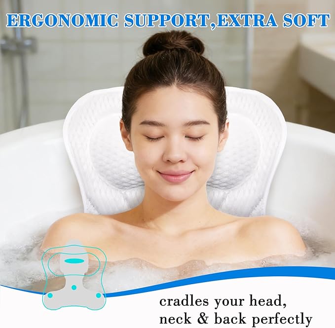 Bath Pillow Bathtub Pillow, Extra Soft & Comfortable Bath Pillows for Tub Head Neck and Back Support, with 4D Air Mesh Cushions & Non-Slip Suction Cups,Fits All Bathtub