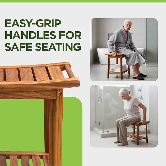 Premium 22" Teak Wood Shower Bench with Shelf, 2-Tier Waterproof Teak Shower Stool, Non-Slip Feet for Enhanced Safety, Spa Bath Seat for Bathroom, Indoor & Outdoor Use, 300 lb Capacity