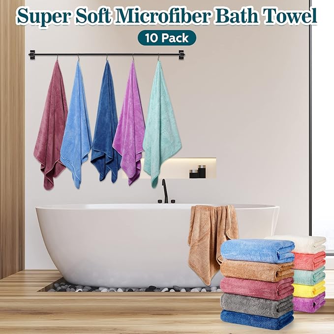 Mixweer 10 Pieces Bath Towel Set, Microfiber Coral Velvet Highly Absorbent Towels for Bathroom Body Shower Beach Travel, 28 x 55 Inches(Multicolor)