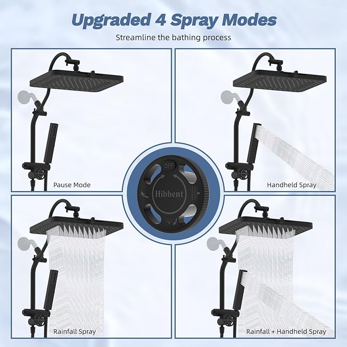 Hibbent Upgraded cUPC Certified 13'' Shower Head Combo, High Pressure 5-spray Rainfall Showerhead, Stainless Steel 4 Spray Handheld, All Metal 4-way Diverter Arm, 71'' Hose and Holder, Black