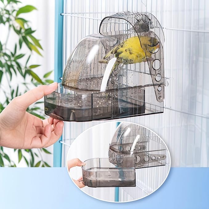 Bird Bath for Cage with Pull-Out Drawer, Grey Translucent Parakeet Bath Box for Inside Cage Use, No-Mess Enclosed Tub for Budgie, Canary, Lovebird, Finch, 6.1 x 5.1 x 6 Inches (Gray)