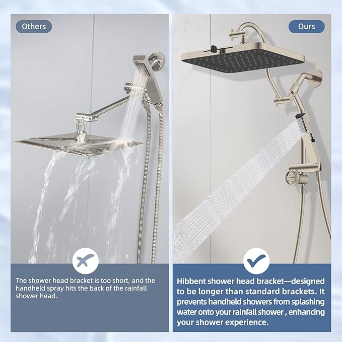 Hibbent 13'' cUPC Certified Shower Head Combo, High Pressure 5-spray Rainfall Showerhead, Stainless Steel 4 Sprays Handheld, All Metal 4-way Diverter Extension Arm, 71'' Hose & Holder, Brushed Nickel