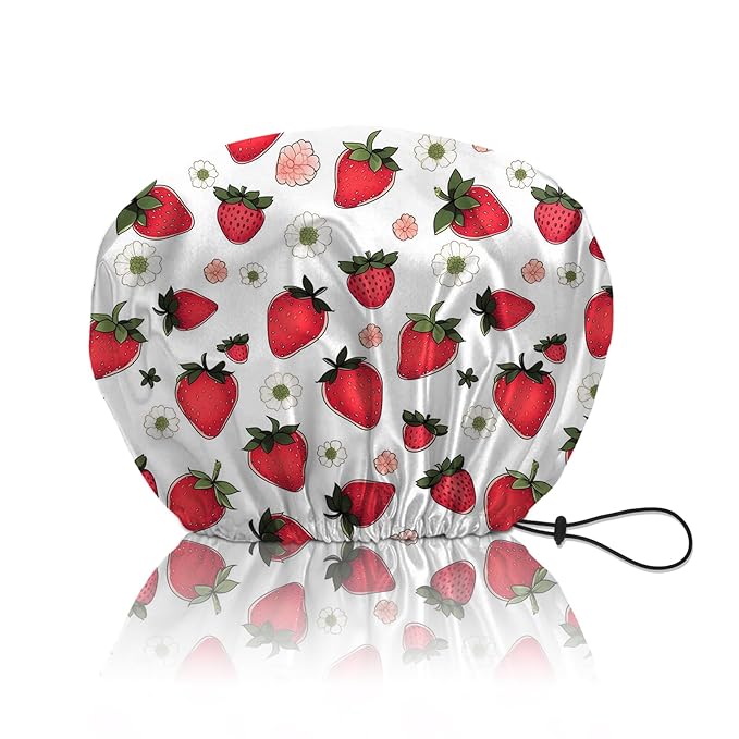 Shower Cap Reusable Double Layer Adjustable Elastic Waterproof EVA Hair Bath Caps for Women Girls Cute Aesthetic-Strawberry