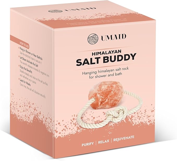 UMAID Himalayan Pink Salt Rock for Shower & Bath – Salt Buddy™ 4 lb Hanging Mineral Rock, Mothers Day Gifts for Mom, Wife, Daughter, Solid Himalayan Stone for Spa-Inspired Relaxation & Self-Care