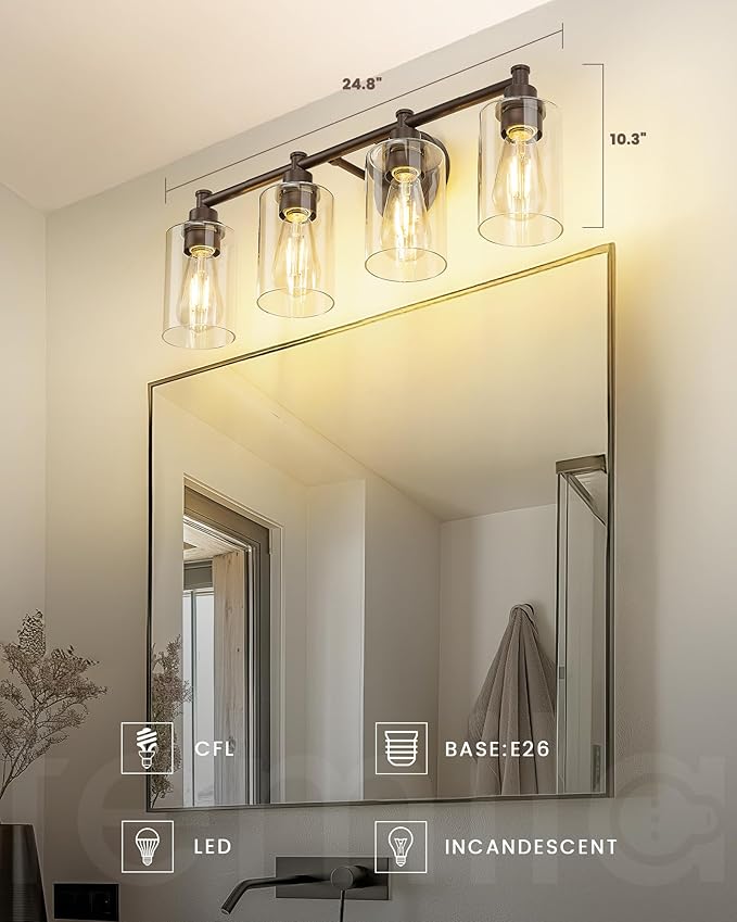 FEMILA Bathroom Vanity Light Fixture, 4-Light Farmhouse Wall Vanity Lights, Oil Rubbed Bronze Finish with Clear Glass Shade, 4FYC56B-4W ORB