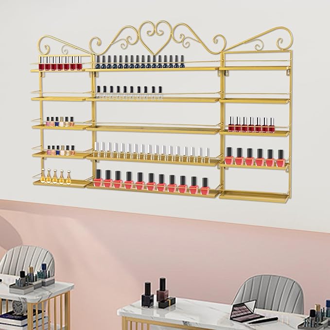 5 Tiers Wall-Mounted Nail Polish Storage Racks Metal Nail Polish Holder Cosmetic Display Case Lipstick Perfume Wall-Mounted Shelf for Home Spa Nail Salon Shop