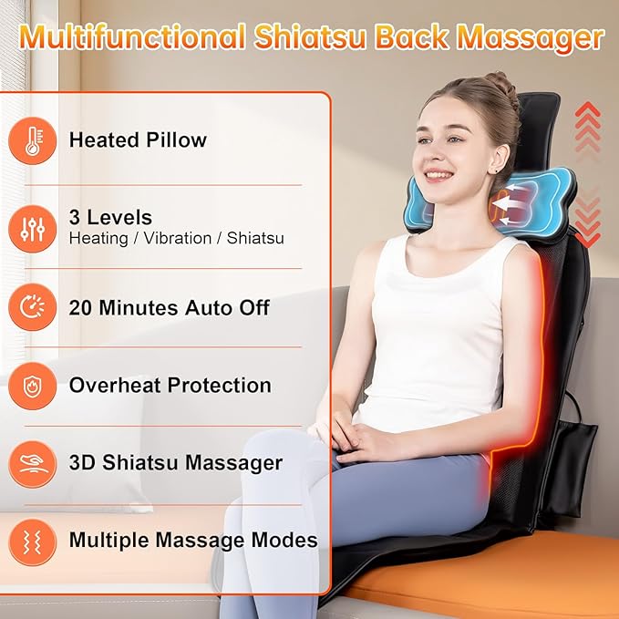 Shiatsu Back Massager with Heat, Massage Chair Pad for Full Back, Chair Massager with Neck Support Suitable for Office/Home/Father/Mother