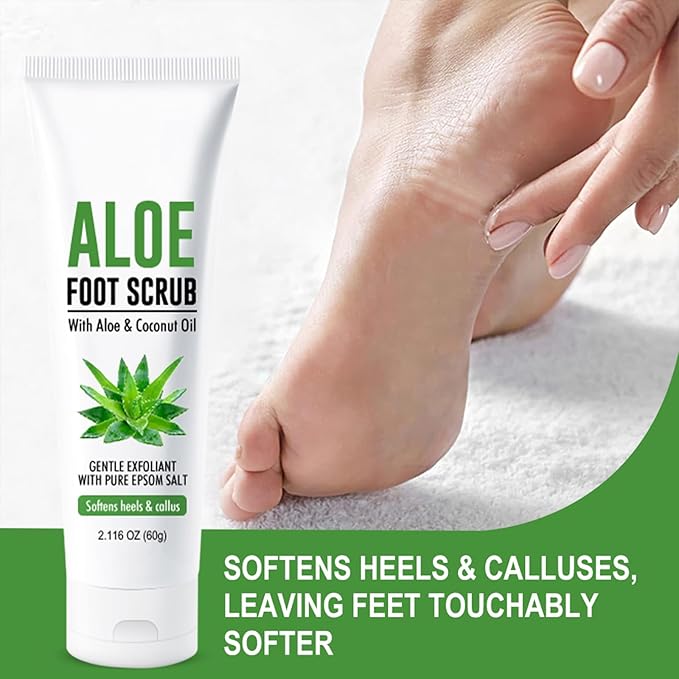 Aloe Vera & Coconut Oil Foot Scrub - Foot Exfoliating Scrub with Vitamin E Pure Salt Moisturize for Dry, Rough, Cracked Feet Heels and Calluses - Feet Exfoliator for Women and Men (2 Pack, 2.1oz)