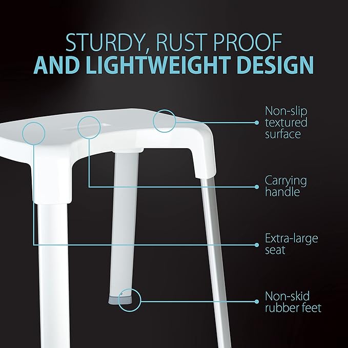Better Living Smart 4 Shower Bench for Inside the Shower, Shower Stool for Shaving Legs & to Sit On, Rustproof Non-slip Stool with Durable Aluminum Legs, Waterproof Shower Bench, White