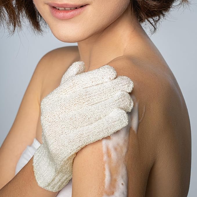 Evridwear Exfoliating Gloves for Shower, 100% Nylon Thick Soft Medium Heavy Bathing Gloves Dead Skin Remover Body Scrubber Smooth Skin with Hang Loop (White Gentle Exfoliation- 3 Pairs)
