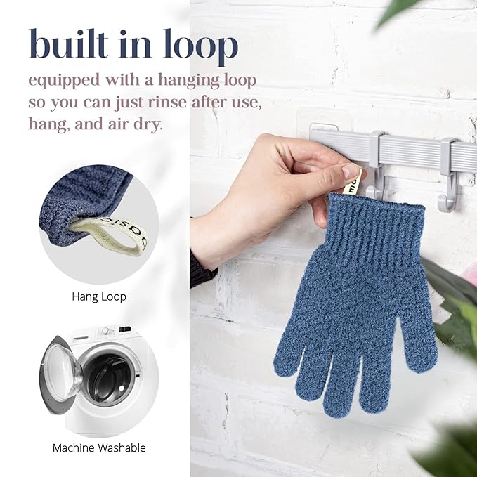 MainBasics Deep Exfoliating Bath Gloves - Heavy-Textured Nylon Shower Scrub for Dead Skin Removal - Machine Washable (1 Pair, Pigeon Blue)