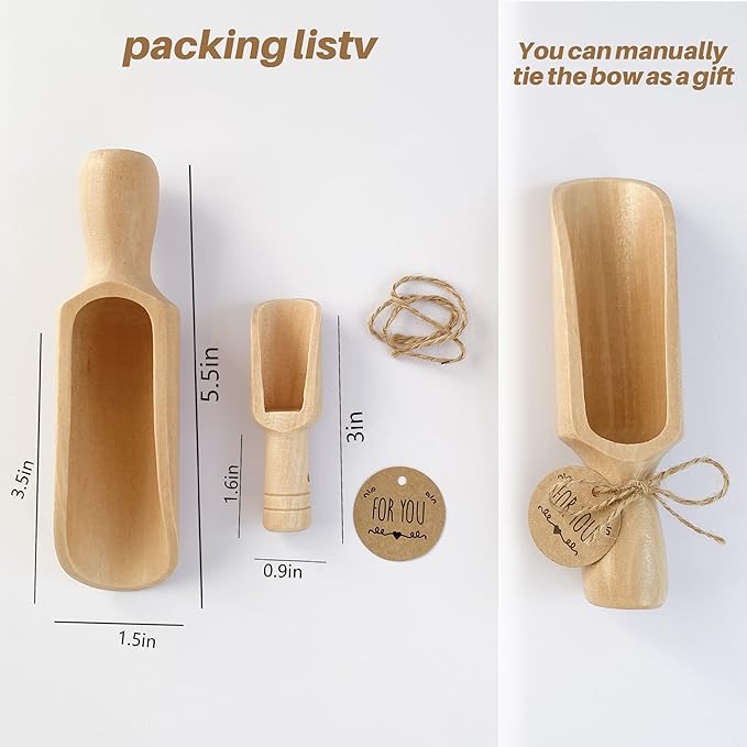 Wooden Scoops 5.5" and 3", 1 standard bath salt scoop and 1 mini scoop, Natural Beech Wood Scoops, the mini is for coffee and laundry, the standard is for Flour, Bath Salt, Sugar, Cereal
