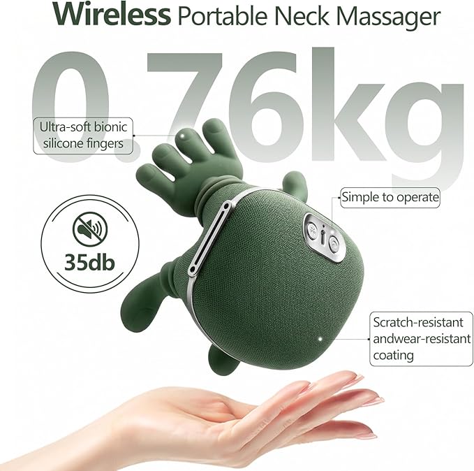 Neck Massager with Heat, 4D Bionic Finger Neck and Shoulder Massager, Hands-Free Cordless Deep Tissue Kneading Massager for Muscle Relaxation, Gifts for Women Men, Green