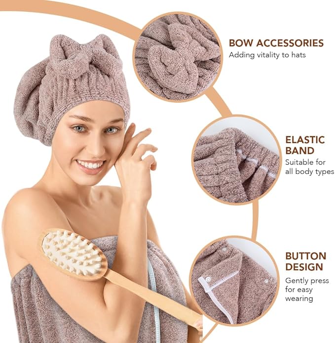 SUNLAND Microfiber Women Bath Towel Wrap and Hair Drying Towel Set,Adjustable Soft Body Wraps Dress with Hair Towels, Super Absorbent to Quick Drying 32 Inch x 60 Inch
