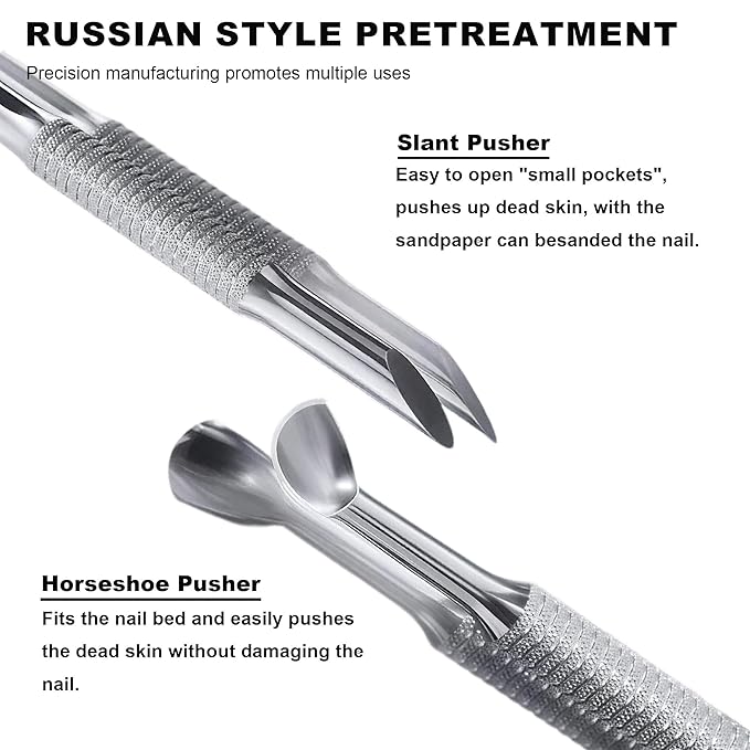 Pre-treatment Cuticle Pusher, Russian Prep Nail Pushers, Dual Ended Cuticle Remover with 100/180 Grit Sandpaper Sheets, Nail Care for Manicure Pedicure Nail Art