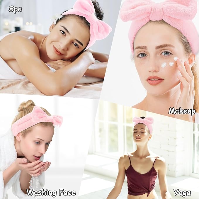 Casoty 12 Pcs Pink Spa Headband, Makeup Headband for Women, Soft Coral Fleece Skincare Headbands for Makeup, Bow Hair Band for Face Washing Shower Skin Care Yoga