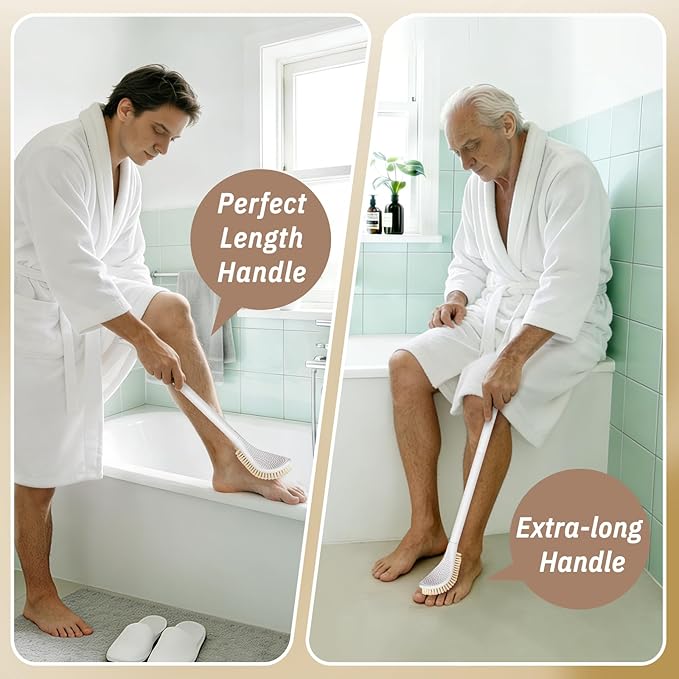 Foot Brush/Foot File/Silicone Body Scrubber Set(3PCS), 3-in-1 Foot Scrubber with Long Handle, 10.2’’-27.5’’Adjustable Foot Scrub Brush with Foot File and Silicone Loofah, Gift-Box(White Set)