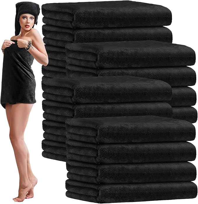 SmoothNovelty 16 Pack Microfiber Bath Towels Bulk 27'' x 60'' Oversized Beach Towel Highly Absorbent Extra Large Soft Drying for Shower Pool Salon Sauna Bathroom Gym Party (Simple,Black)