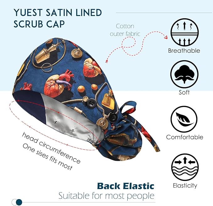 Satin Lined Scrub Caps with Buttons & Sweathand, Surgical Caps for Women