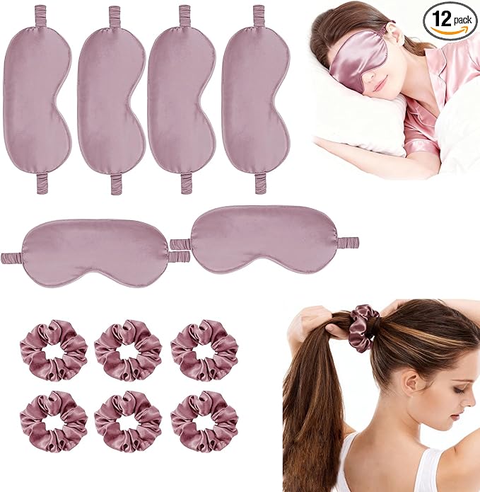 12Pcs Silk Sleep Masks Satin Eye Mask Silky Eyes Cover Blindfold Eyeshade Hair Ties Scrunchy Travel Bridesmaids Gifts