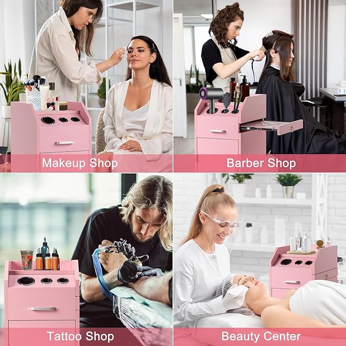 Modern Styling Station Cart for Hair Stylist,Wooden Hair Salon Station Storage Cabinet,Beauty Salon Storage Equipment,Beauty Spa Tool Organizer,with Wheels,for Barber Shop, Home, Bathroom (Pink)