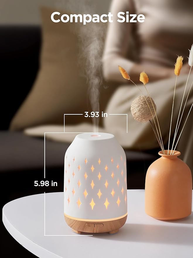 InnoGear Aromatherapy Diffuser, 150ml Ceramic Diffuser Mother's Gift Ultrasonic Humidifier Cool Mist Essential Oil Diffusers for Home Air Diffuser with 2 Mist Modes Waterless Auto Off, White