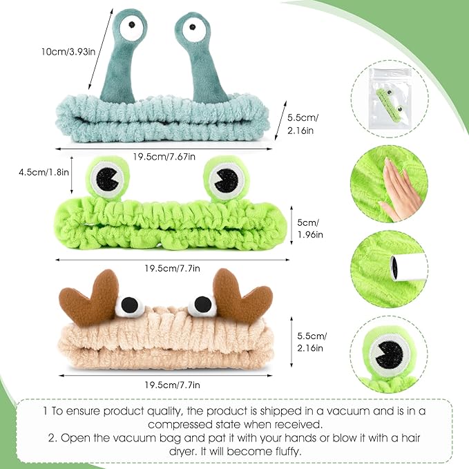 WLLHYF 3 Pack Spa Headband Face Wash Hairband Facial Makeup Head Wraps Cartoon Elastic Head Band Cute Frog Snail Crab Shower Headband Creative Hair Accessories for Beauty Skincare Sports