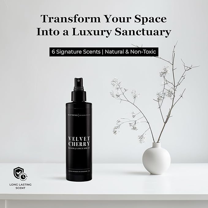 Mavwicks Fragrances - (Velvet Cherry) Linen & Room Spray (8oz) – Bedroom & Home Fragrance Mist, Long-Lasting Freshness To Brighten Up Your Space, Fabric & Air Freshener, Aromatherapy Scent Spray