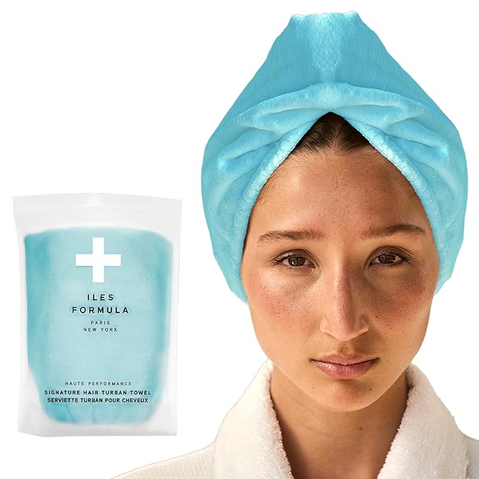 ILES FORMULA Hair Turban Towel – Ultra-Soft Microfiber Hair Towel Wrap for Fast Drying, Frizz Control & Breakage Protection – Large, Lightweight Hair Wrap for Short, Long & Curly – Spa Blue