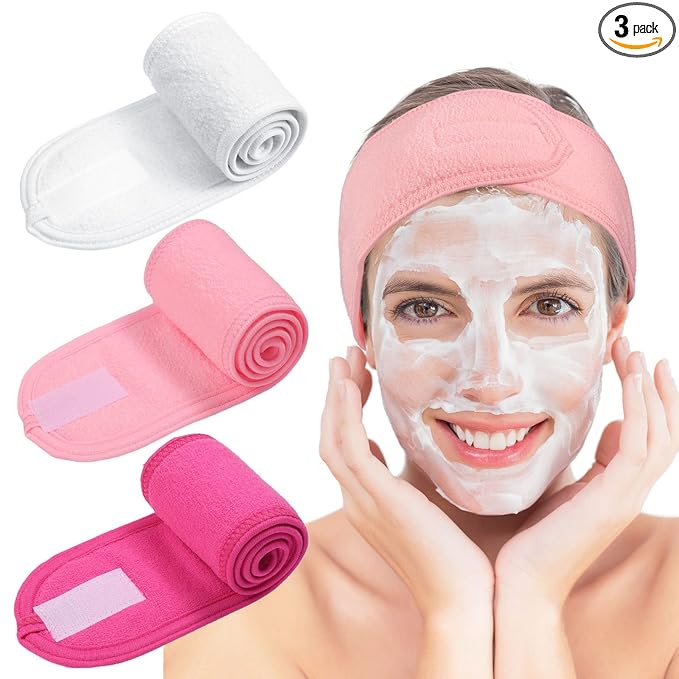 Whaline Spa Facial Headband Make Up Wrap Head Terry Cloth Headband Adjustable Towel Band for Face Washing Shower Facial Cover, 3 Pieces (White, Pink, Rose Red)
