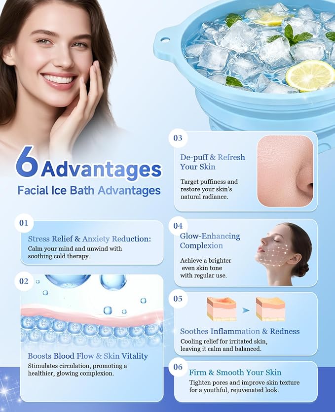 Face Ice Bath Bowl with Built-in Ice Tray, Foldable Silicone Face Bowl for Ice, Reusable Ice Facial Bowl for Puffiness Reduction, Skin Tightening, Acne Relief, Portable Spa Tool for Home, Travel