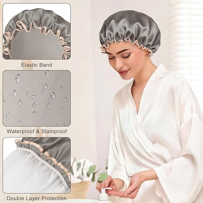 Waterproof Shower Caps for Women, Solid Color Dual-Layer Elastic Band Design Bath Hair Hat, Protects Hair In Shower, Spa, Cooking, Clean & Travel (Grey)