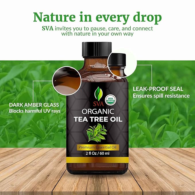 SVA Tea Tree Essential Oil Organic – 2 Fl Oz – 100% Natural Organic Tea Tree Oil - for Diffuser, Hair, Face, Skin Care, Aromatherapy, Scalp and Body Massage, Soap and Candle Making - with Dropper