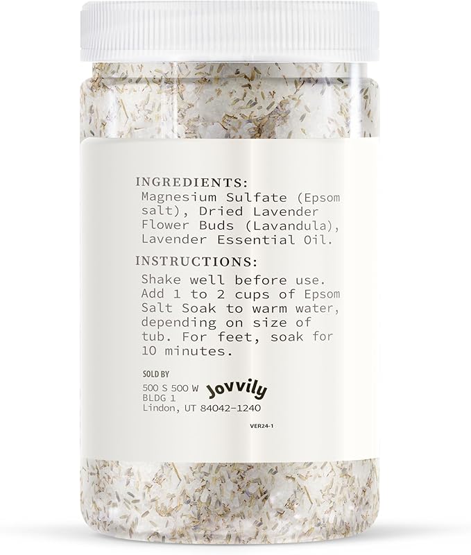 Jovvily Epsom Salt Soak with Lavender Buds & Lavender Essential Oil - 2 lb - Always Pure - Magnesium Sulfate Soaking Solution