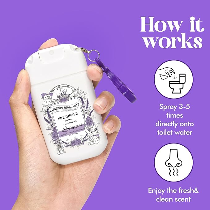 Travel Size Toilet Spray, 2 Pack Air Freshener Spray for Bathroom Deodorizer, Travel Essentials Variety with Removable Hook - Lavender Scent