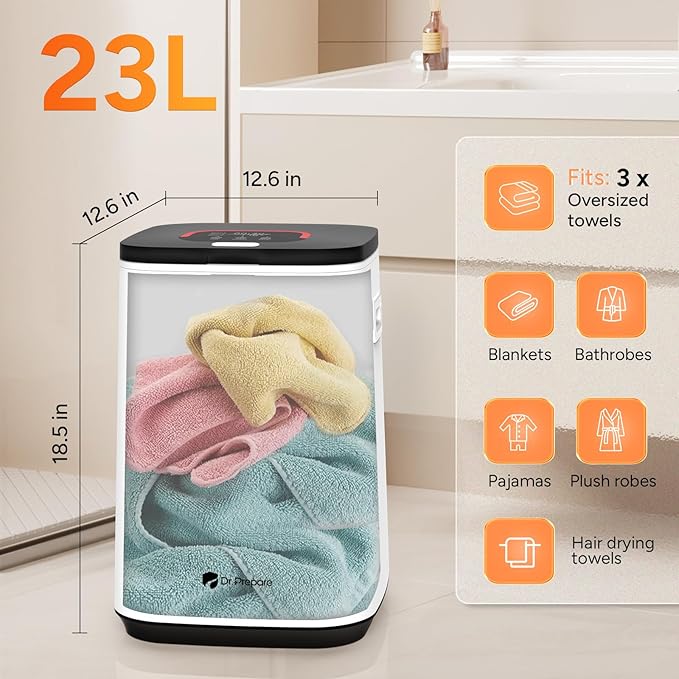 DR.PREPARE 23L Towel Warmer for Bathroom, Luxury Towel Warmer Bucket with LED Display, 3 Timer Settings, Auto Shut Off, Child Safety Lock, 4 Hooks, Large Warmer for 3 Towels, Bathrobes, Blankets, PJ's