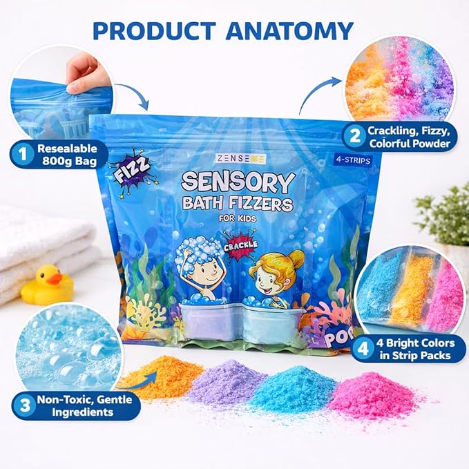 Bubble Bath for Toddlers 1-3 - Colorful Bath Fizzies Powder – 4 Bubble Fizzing Bath Colours - Fun & Educational Bath Gift Set - Crack Sounds & Sensory Fun - Resealable 800g Bag