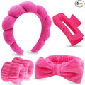 VELSCRUN Spa Headbands for Wash Face, Makeup Headband, Facial Skincare Headbands, 5 Pcs Hot Pink Puffy Sponge Spa Headband Bow Tie Hair Band Hair Clips Wristband Set Women Girls Accessories