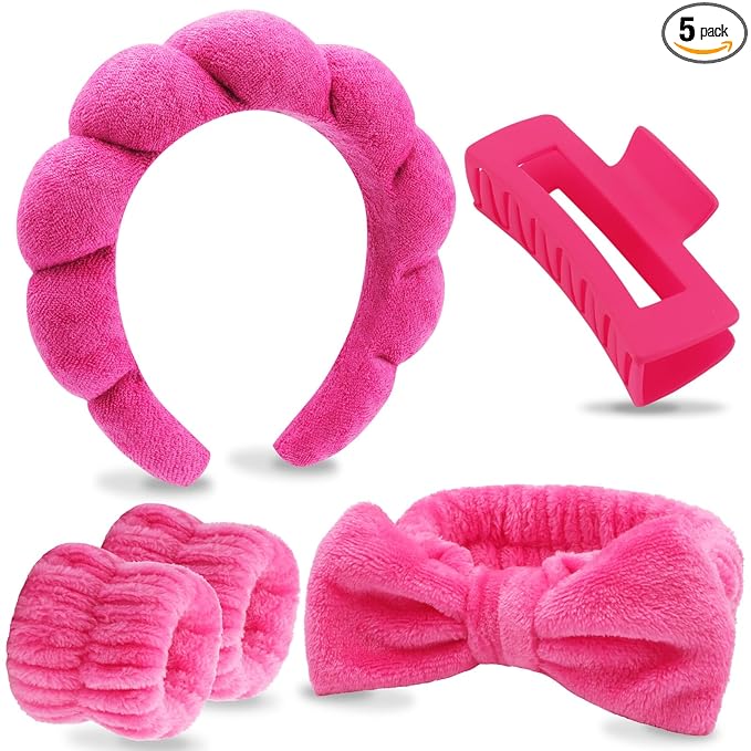 VELSCRUN Spa Headbands for Wash Face, Makeup Headband, Facial Skincare Headbands, 5 Pcs Hot Pink Puffy Sponge Spa Headband Bow Tie Hair Band Hair Clips Wristband Set Women Girls Accessories