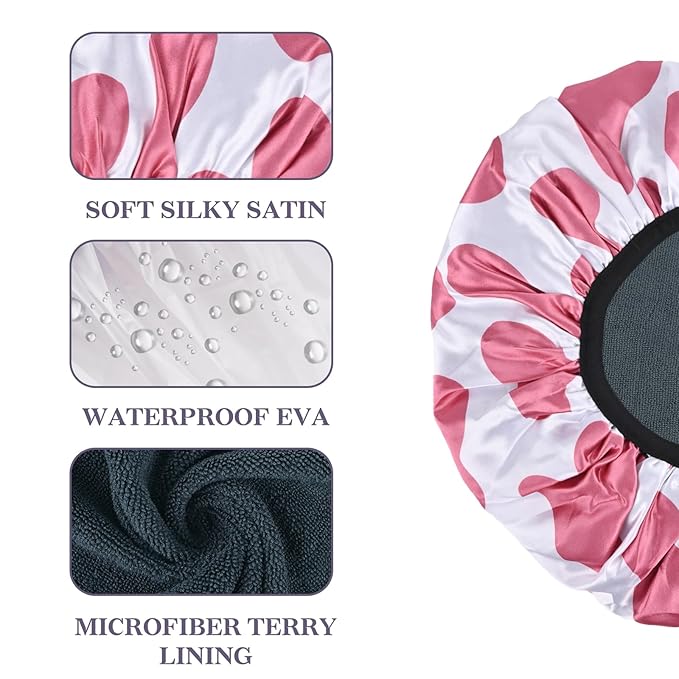 Hot Pink Cow Print Satin Shower Cap, Three-Layer Terry Cloth Lined, with Silk Hair Ties, Microfiber Waterproof Reusable Large Size Shower Cap for Women Long Thick Hair