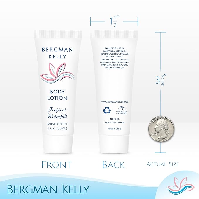 BERGMAN KELLY - Travel Size Lotion - 1 fl oz, 18000 PK, Tropical Waterfall - Delight Your Guests w/Invigorating & Refreshing Body Lotion - Quality Mini & Small Size Guest Hotel Toiletries in Bulk