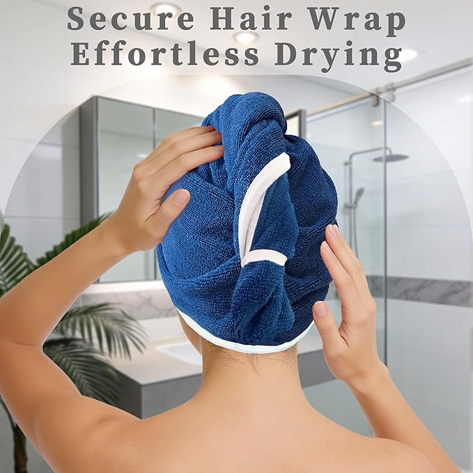 VOOVA & MOVAS Green & Navy Microfiber Hair Towel Wrap for Women 2-Pack, Super Absorbent Quick Dry Hair Towels Turban for Wet Hair After Shower, Soft Lightweight Hair Wraps