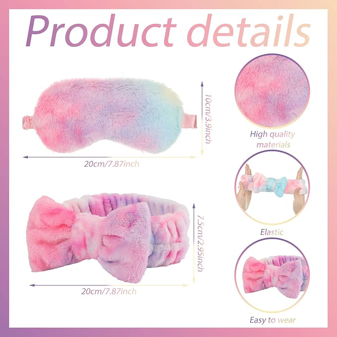 Xuhal 24 Pcs Spa Sleepover Party Favors Supplies Plush Headband and Eye Mask for Women Soft Makeup Washing Face Sleep Hair Bands for Girl Gift Birthday Stuff(Solid Color and Tie Dyed)